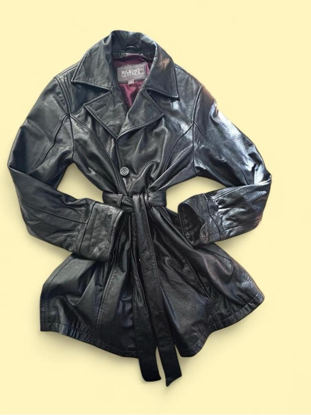 Vintage Wilson’s Black Leather Coat with Deep Magenta Lining | Size M/L